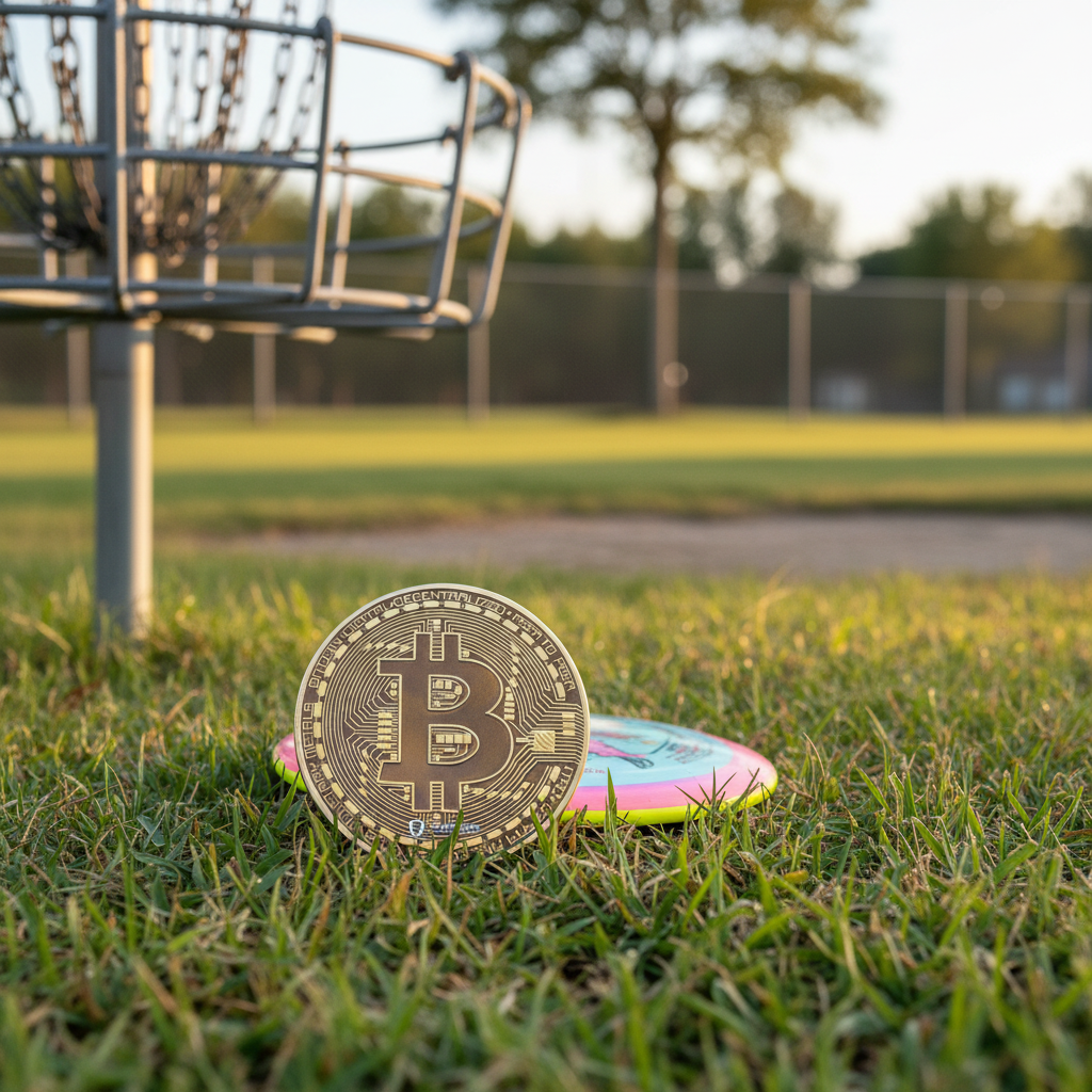 Champs Bitcoin DyeMax Mini Marker in outdoor disc golf setting